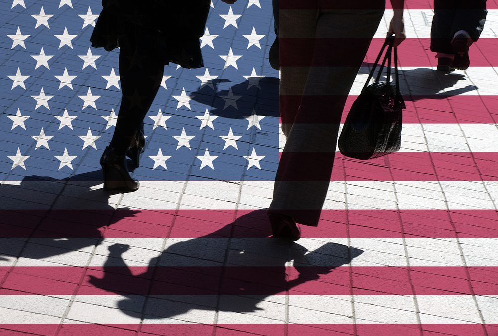 American flag on pedestrians with silhouette
